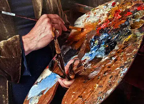 Hazel Morgan's oil paint palette — close-up of painting technique